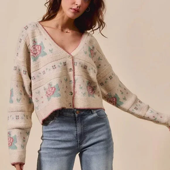 SO ME‎ Floral Pattern Long Sleeve Button Sweater Cardigan
